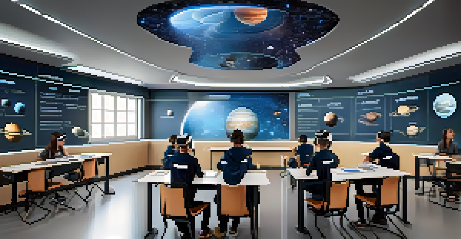 Students wearing virtual reality headsets in a modern classroom, exploring a 3D model of the solar system with interactive screens around them.