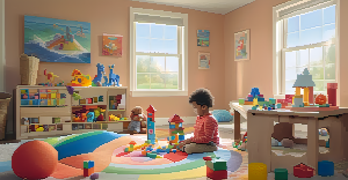 A child playing in a colorful playroom, focusing on stacking building blocks.