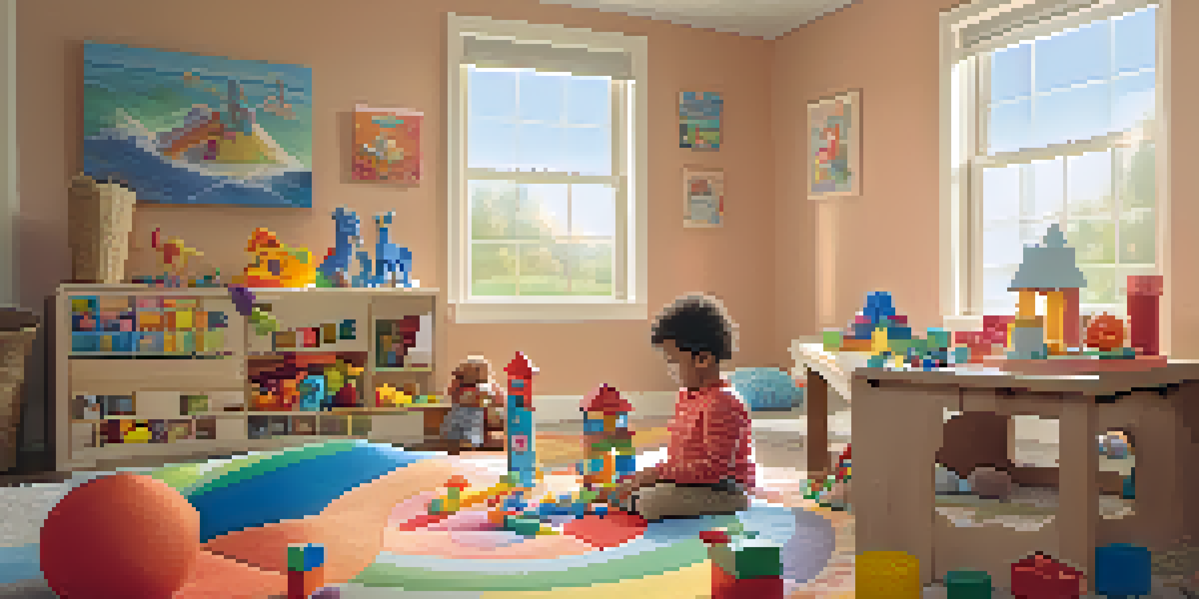 A child playing in a colorful playroom, focusing on stacking building blocks.
