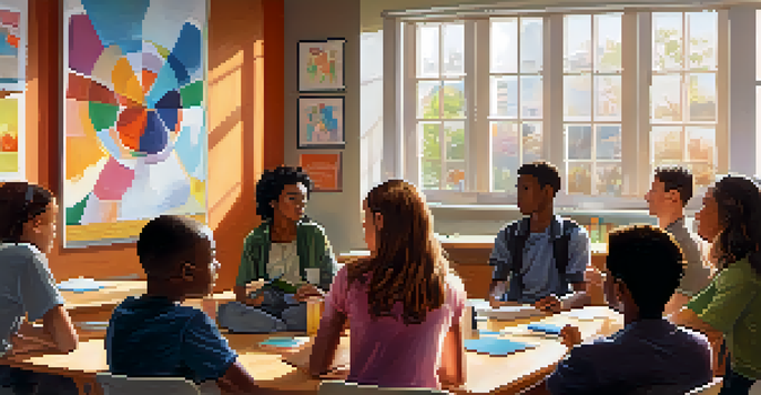 A vibrant classroom with diverse students discussing emotions, demonstrating engagement and connection, with posters about emotional intelligence on the walls.