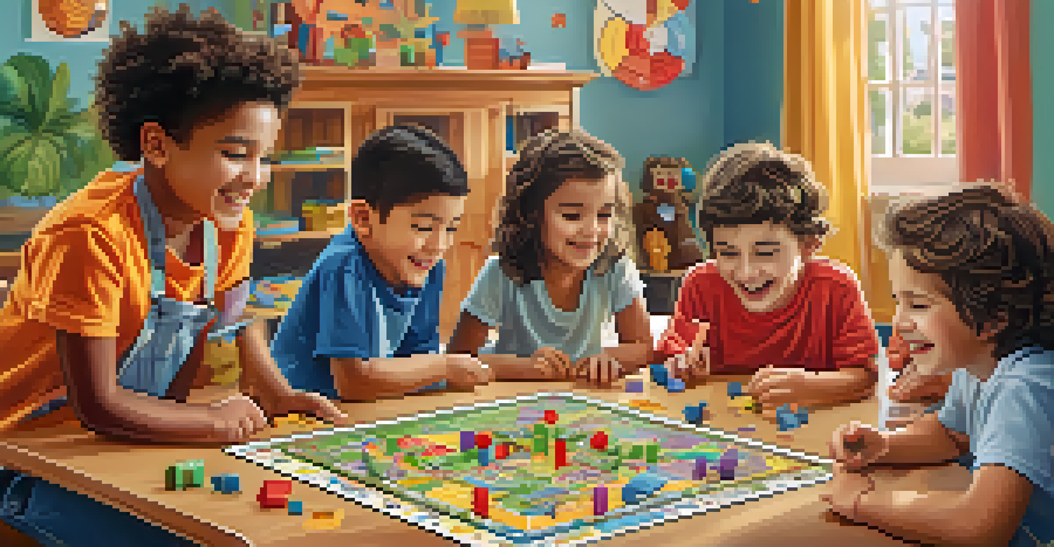 Children enjoying a colorful board game focused on learning, featuring silly challenges, with smiles and playful decorations in the background.