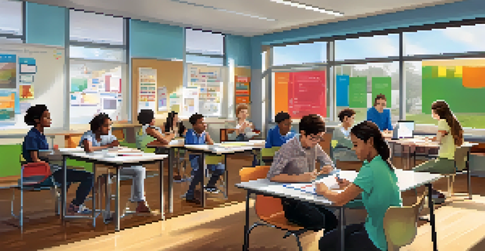 A vibrant classroom with students using digital devices and a teacher leading a discussion.