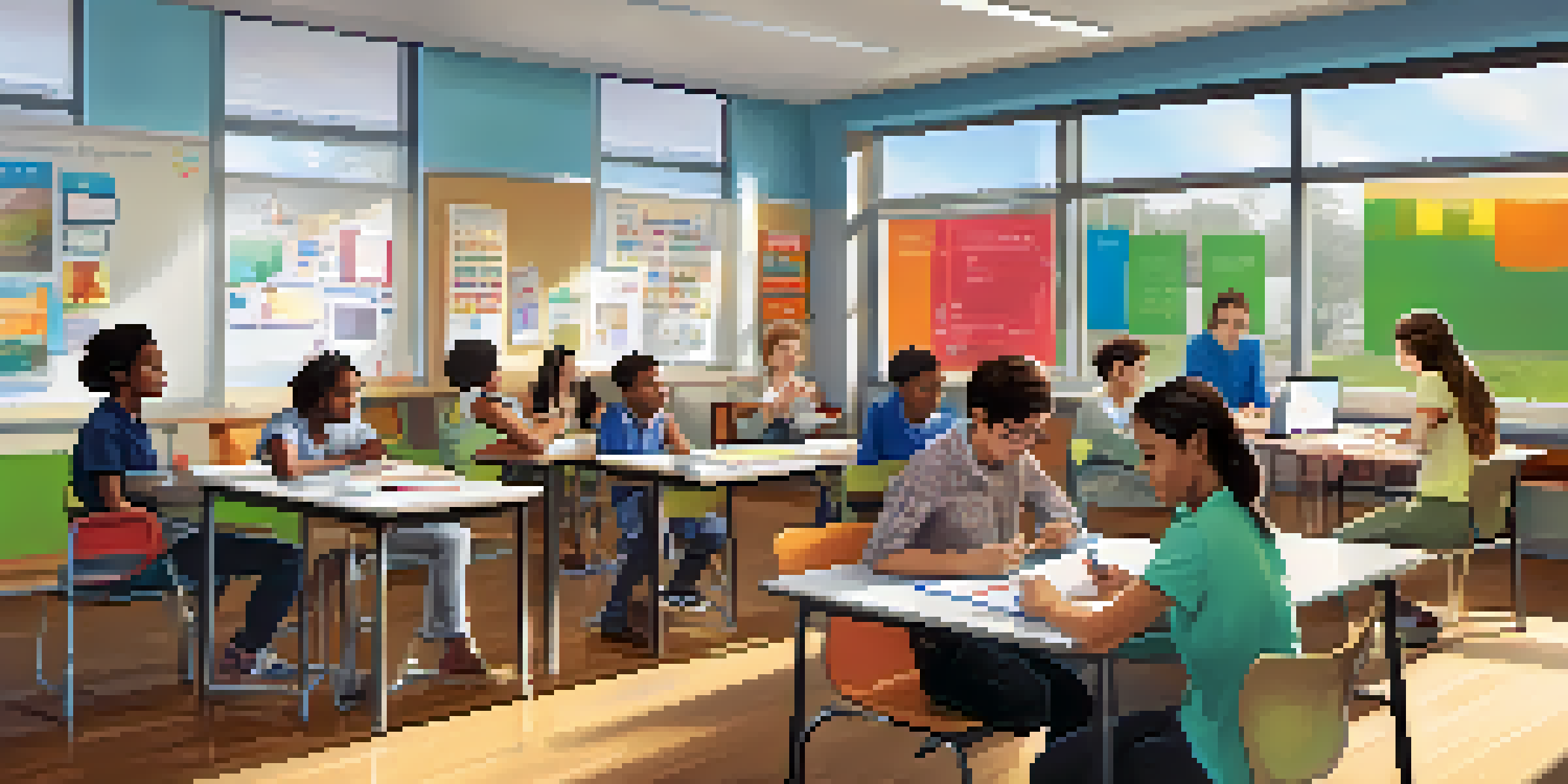 A vibrant classroom with students using digital devices and a teacher leading a discussion.