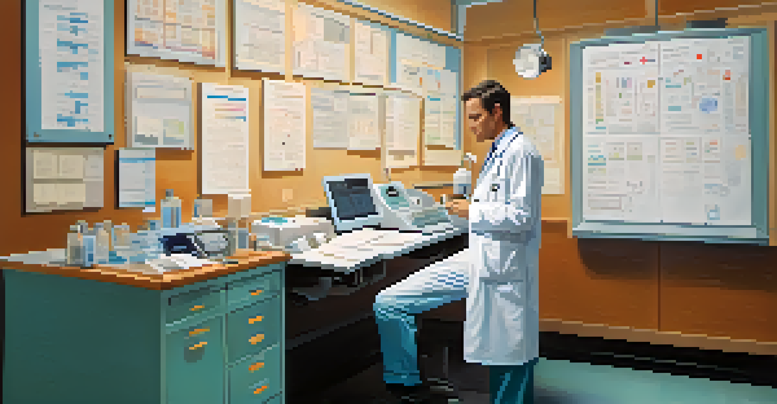 A doctor analyzing patient charts in a clinic, surrounded by medical equipment, illustrating critical thinking in healthcare.