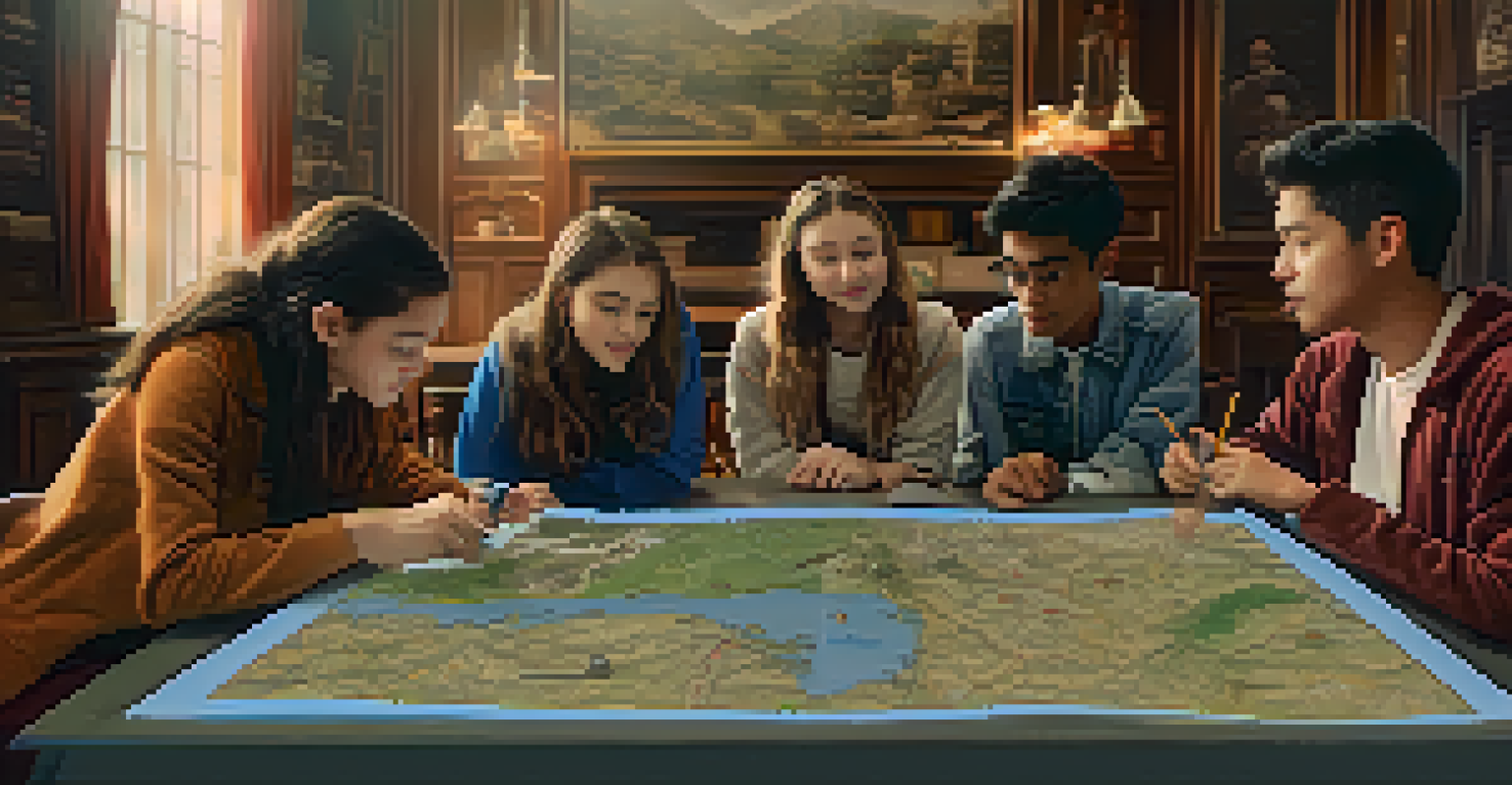 High school students working together on a history project with augmented reality, displaying historical landmarks and events.