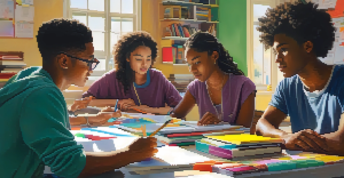 A diverse group of students collaborating on a project at a table, surrounded by colorful stationery and laptops, with natural light illuminating the scene.
