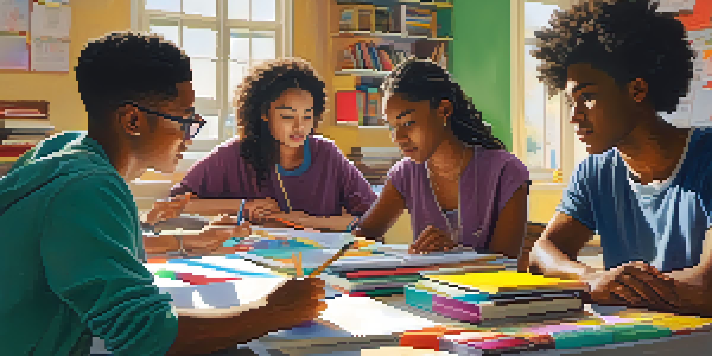 A diverse group of students collaborating on a project at a table, surrounded by colorful stationery and laptops, with natural light illuminating the scene.