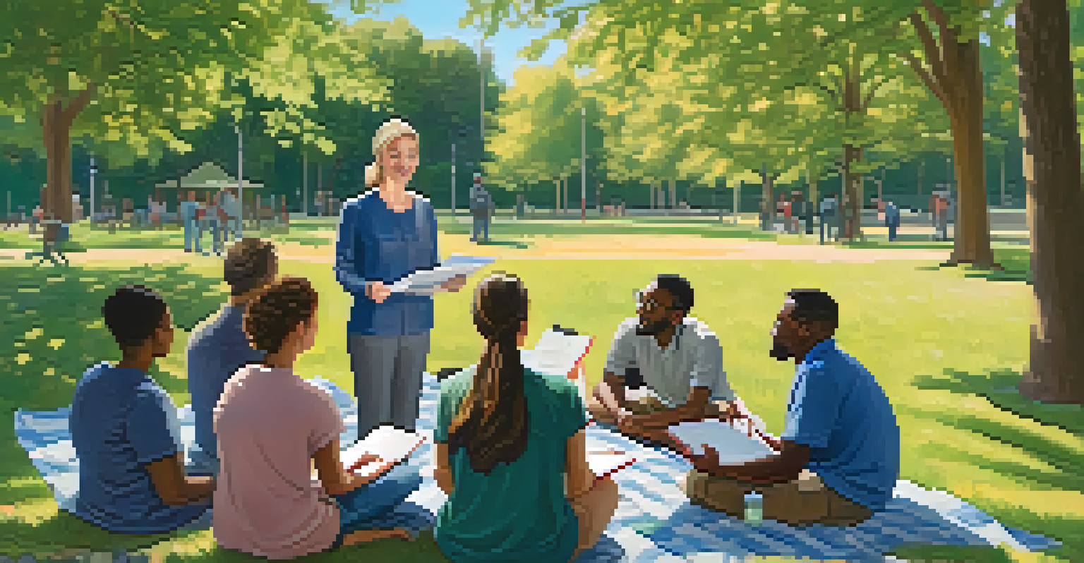 An outdoor workshop in a park with educators sitting on picnic blankets, engaged in discussions under trees, with a facilitator leading the session.