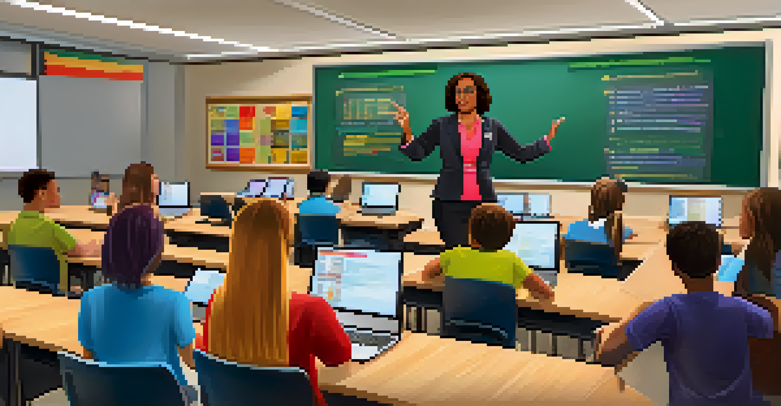 A teacher conducting a blended learning session in a modern classroom, with students using laptops and a smart board, creating an engaging educational environment.