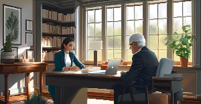 A mentor and mentee having a discussion in a cozy office setting with natural light and plants.