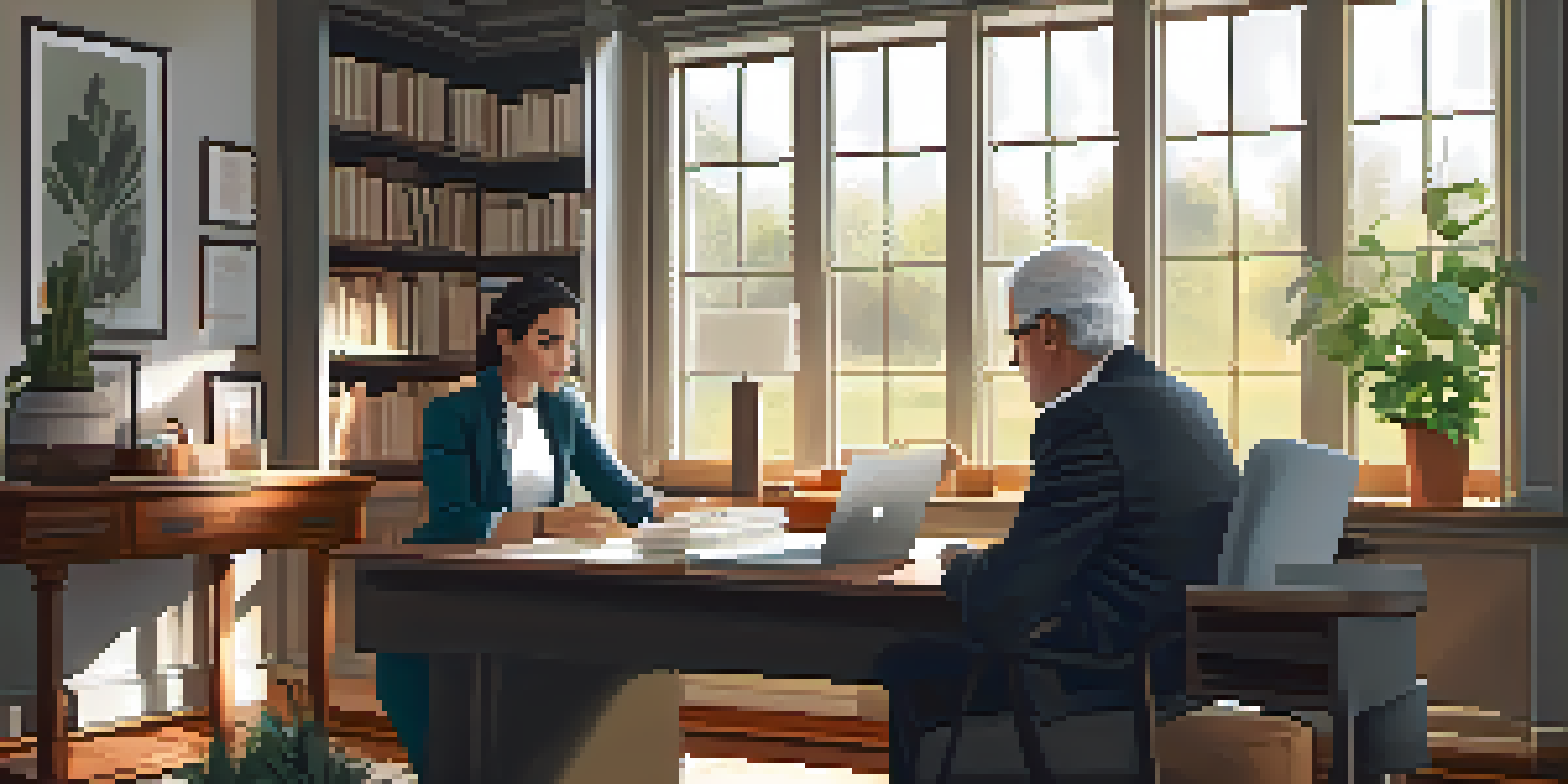 A mentor and mentee having a discussion in a cozy office setting with natural light and plants.