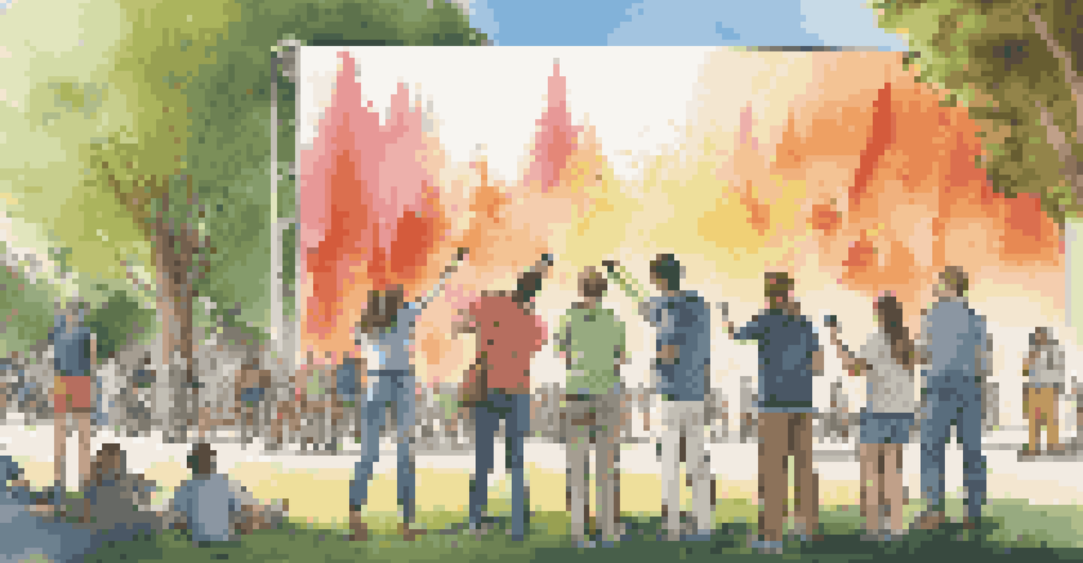Students working together on a large mural outdoors, with augmented reality animations above their artwork, in a sunny park setting.