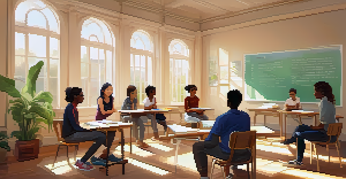 A classroom filled with diverse students engaged in a Cognitive Behavioral Therapy session, with a teacher guiding them in a supportive environment.