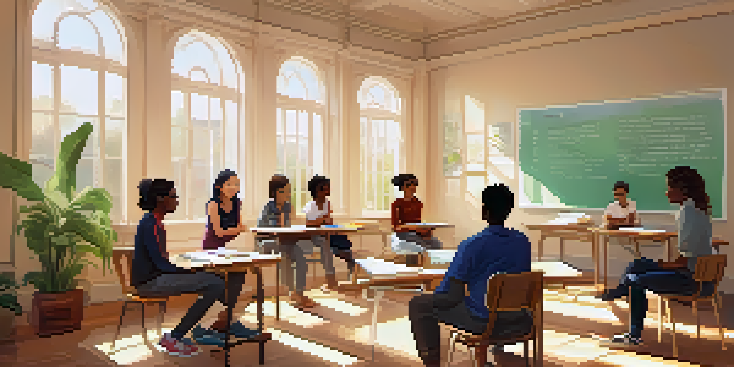 A classroom filled with diverse students engaged in a Cognitive Behavioral Therapy session, with a teacher guiding them in a supportive environment.