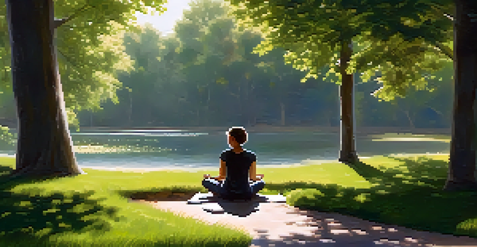 A person sitting cross-legged in a serene park, practicing mindfulness with eyes closed, surrounded by trees and a small stream.