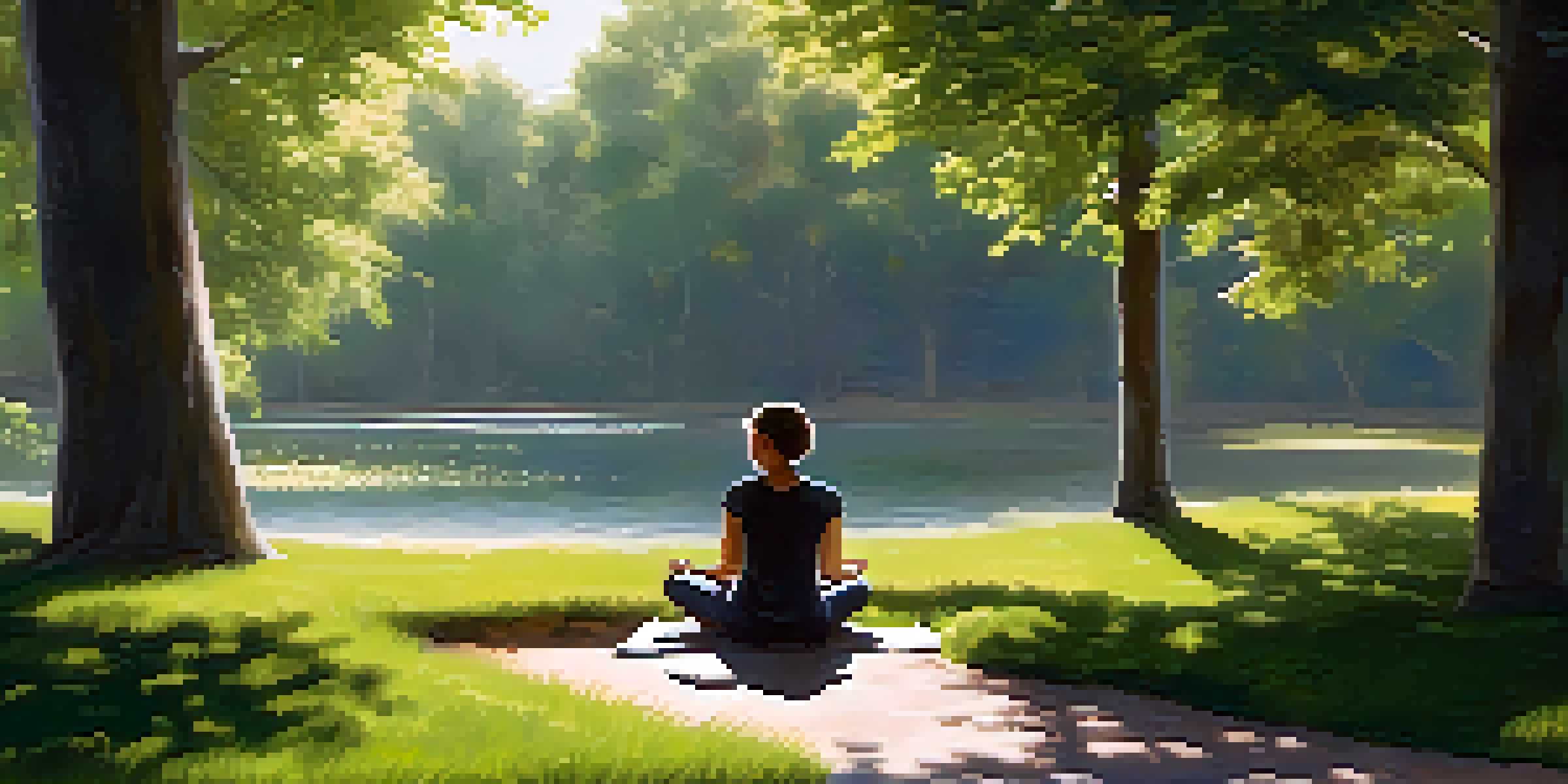 A person sitting cross-legged in a serene park, practicing mindfulness with eyes closed, surrounded by trees and a small stream.