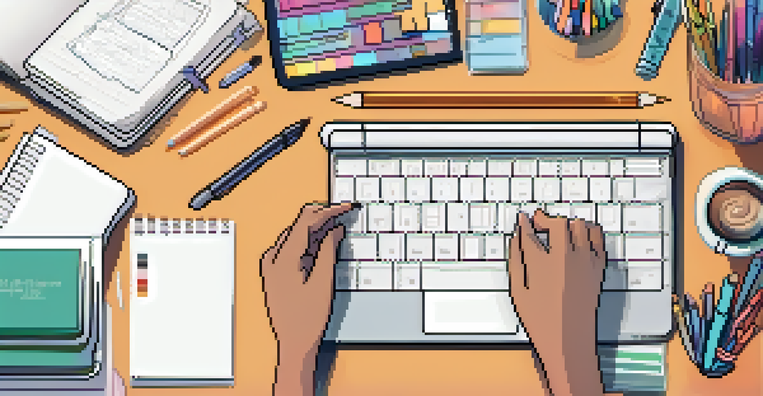 A close-up of hands typing on a laptop with study materials and a motivational quote in a warm study space.