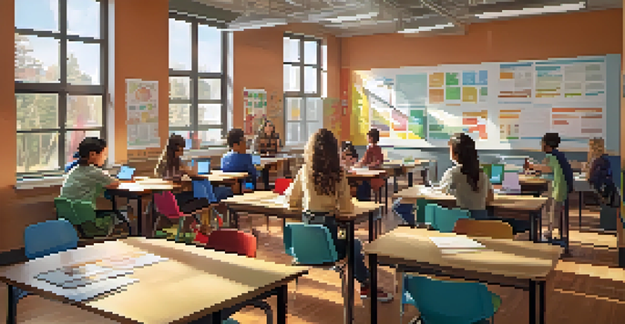 A bright and inviting classroom showing students interacting with technology and a teacher, promoting blended learning.