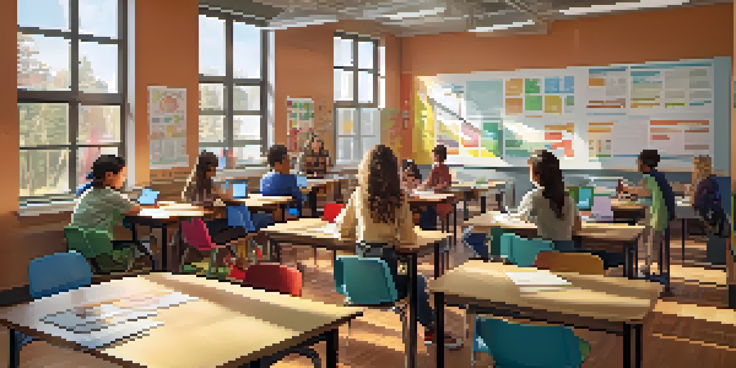 A bright and inviting classroom showing students interacting with technology and a teacher, promoting blended learning.
