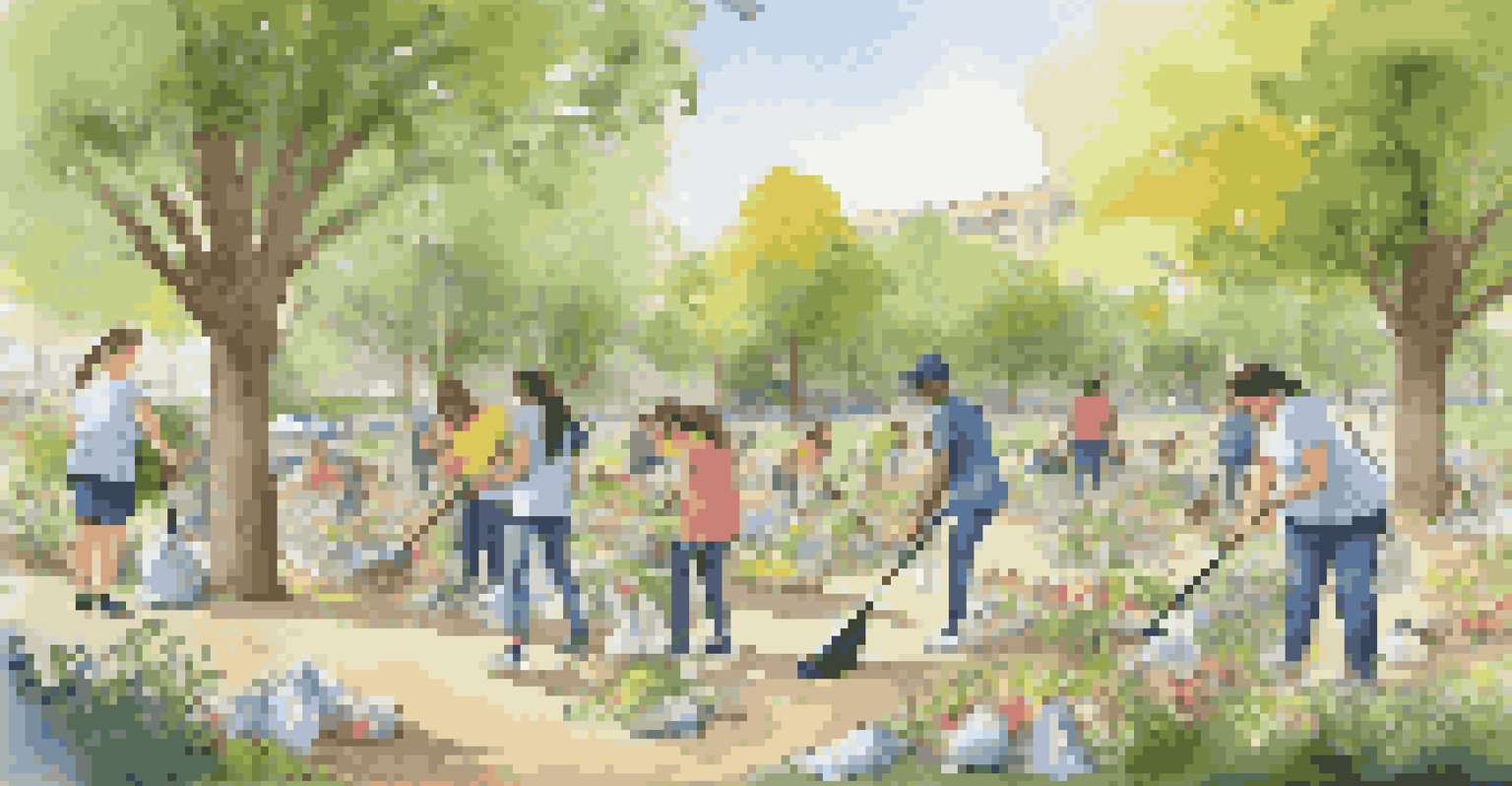 Students and volunteers cleaning a park, wearing eco-friendly t-shirts and collecting litter.