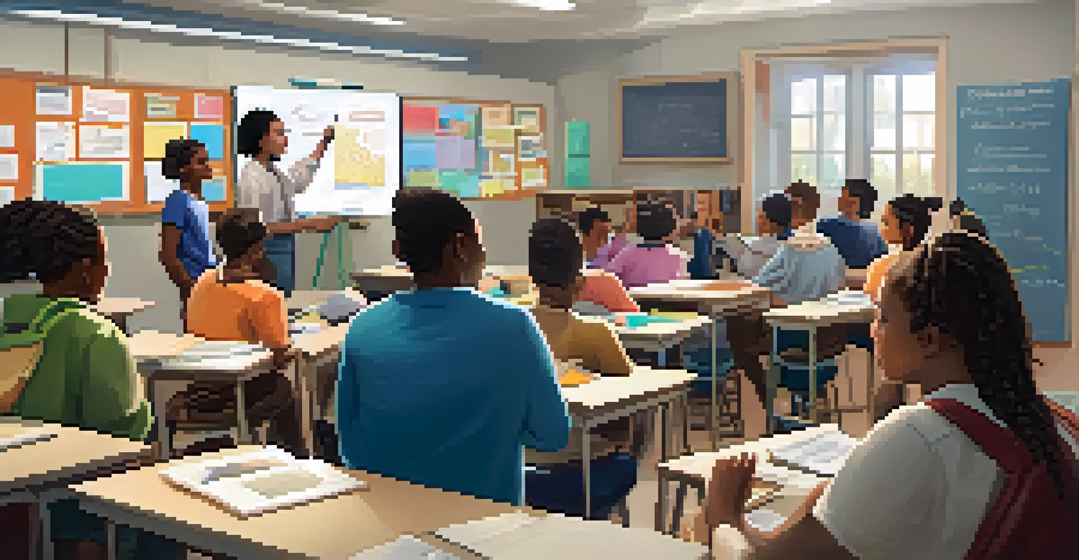 A vibrant classroom filled with diverse students engaging in a microlearning session, watching videos on tablets, taking notes, and discussing ideas, surrounded by educational posters.