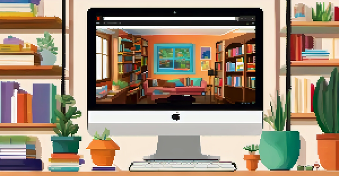 A laptop displaying a colorful digital portfolio with multimedia elements in a cozy study environment.