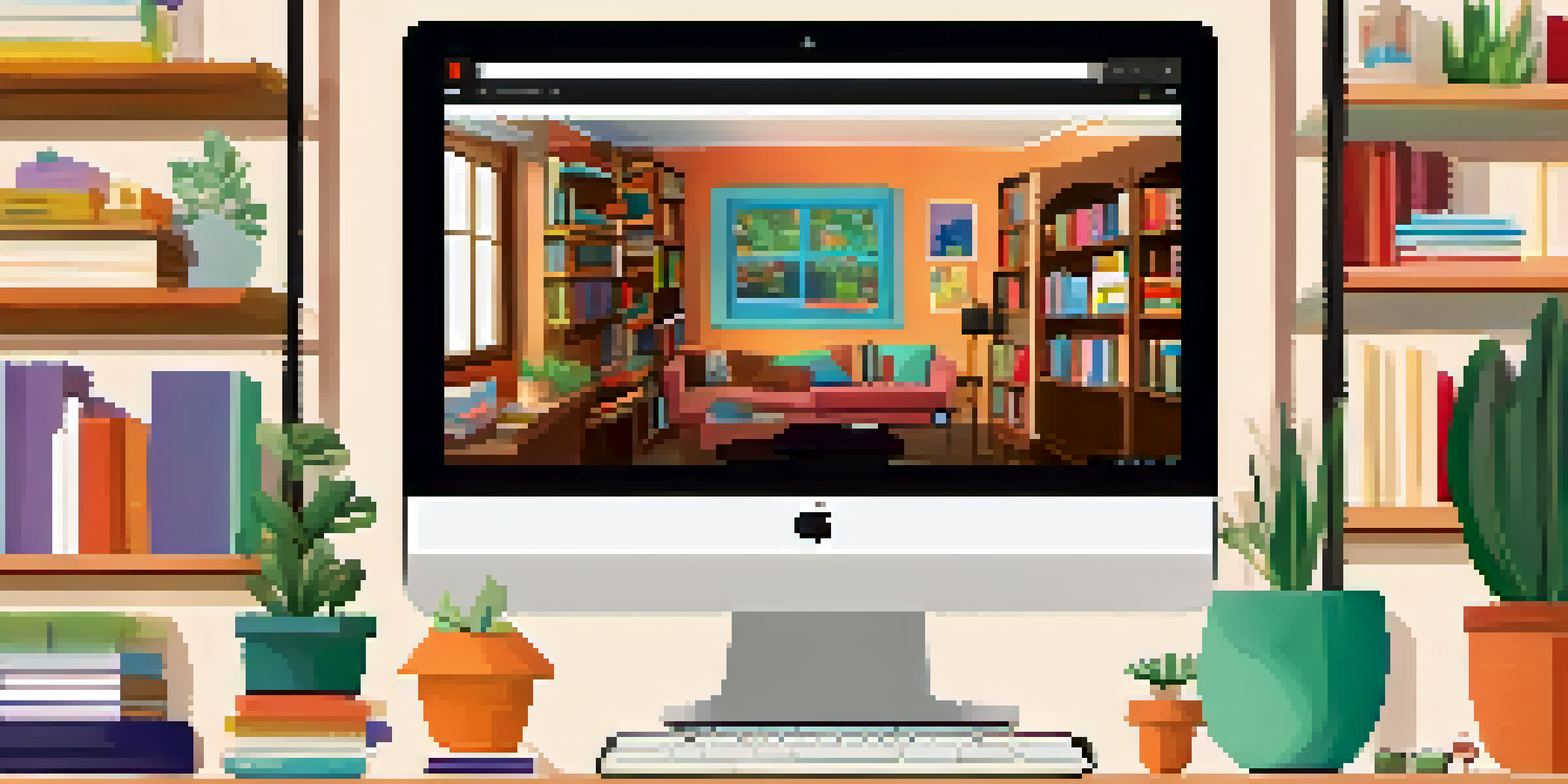 A laptop displaying a colorful digital portfolio with multimedia elements in a cozy study environment.