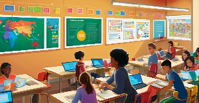 A vibrant classroom with diverse students collaborating on gamified learning activities, surrounded by leaderboards and educational posters.