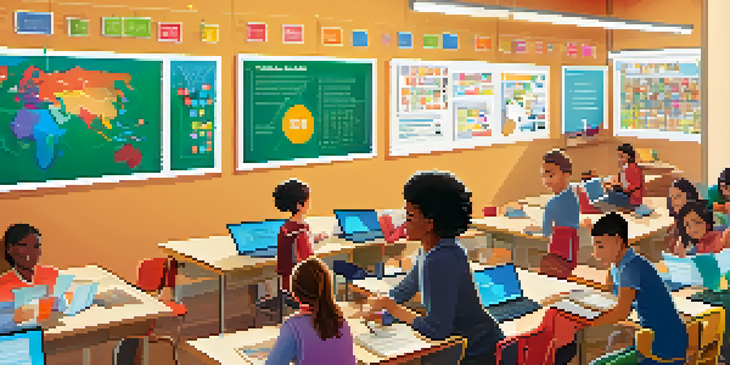 A vibrant classroom with diverse students collaborating on gamified learning activities, surrounded by leaderboards and educational posters.