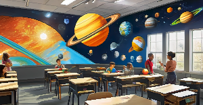 A classroom filled with students of diverse backgrounds using AR headsets to explore a 3D model of the solar system, with planets orbiting a glowing sun.