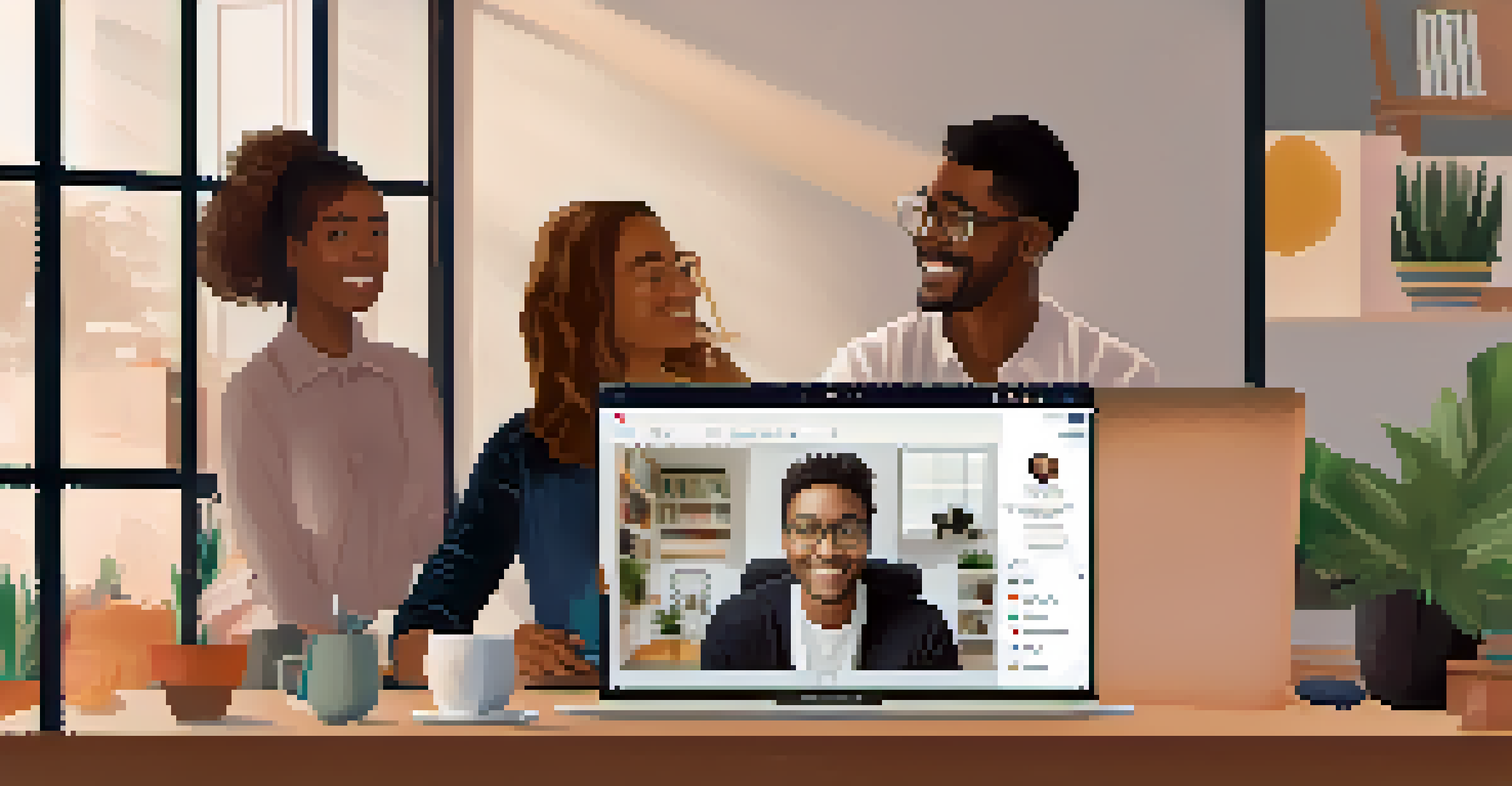 An online mentorship session on a laptop, showcasing a mentor and mentees interacting via video call in their respective home environments.