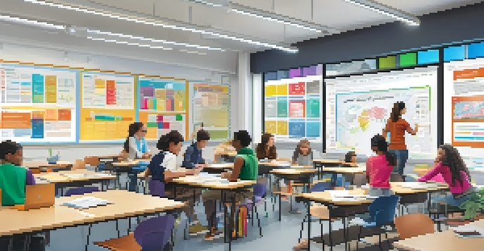 A vibrant classroom scene with students collaborating on projects and digital displays showing educational data.