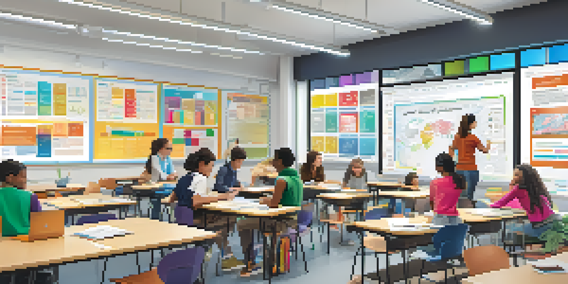 A vibrant classroom scene with students collaborating on projects and digital displays showing educational data.