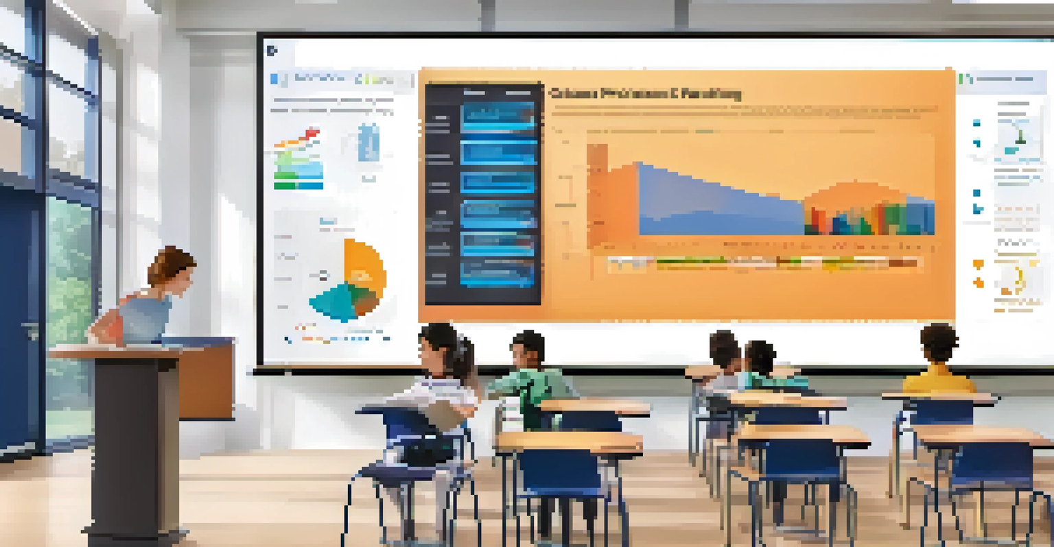 An AI interface in a classroom showing real-time data analytics about students, with teachers and students engaged with technology.