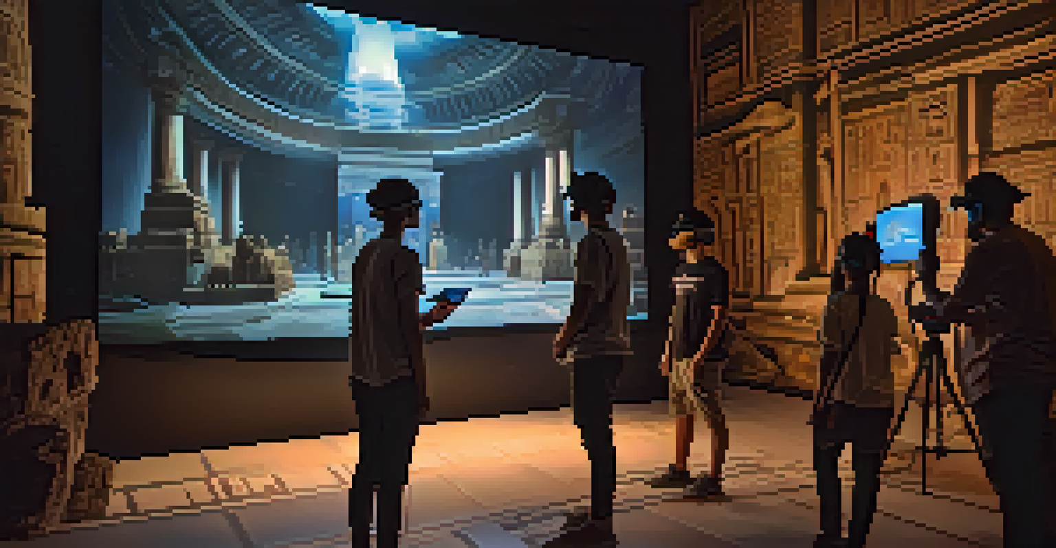 Students wearing VR headsets in a dark room exploring a 3D model of an ancient civilization.