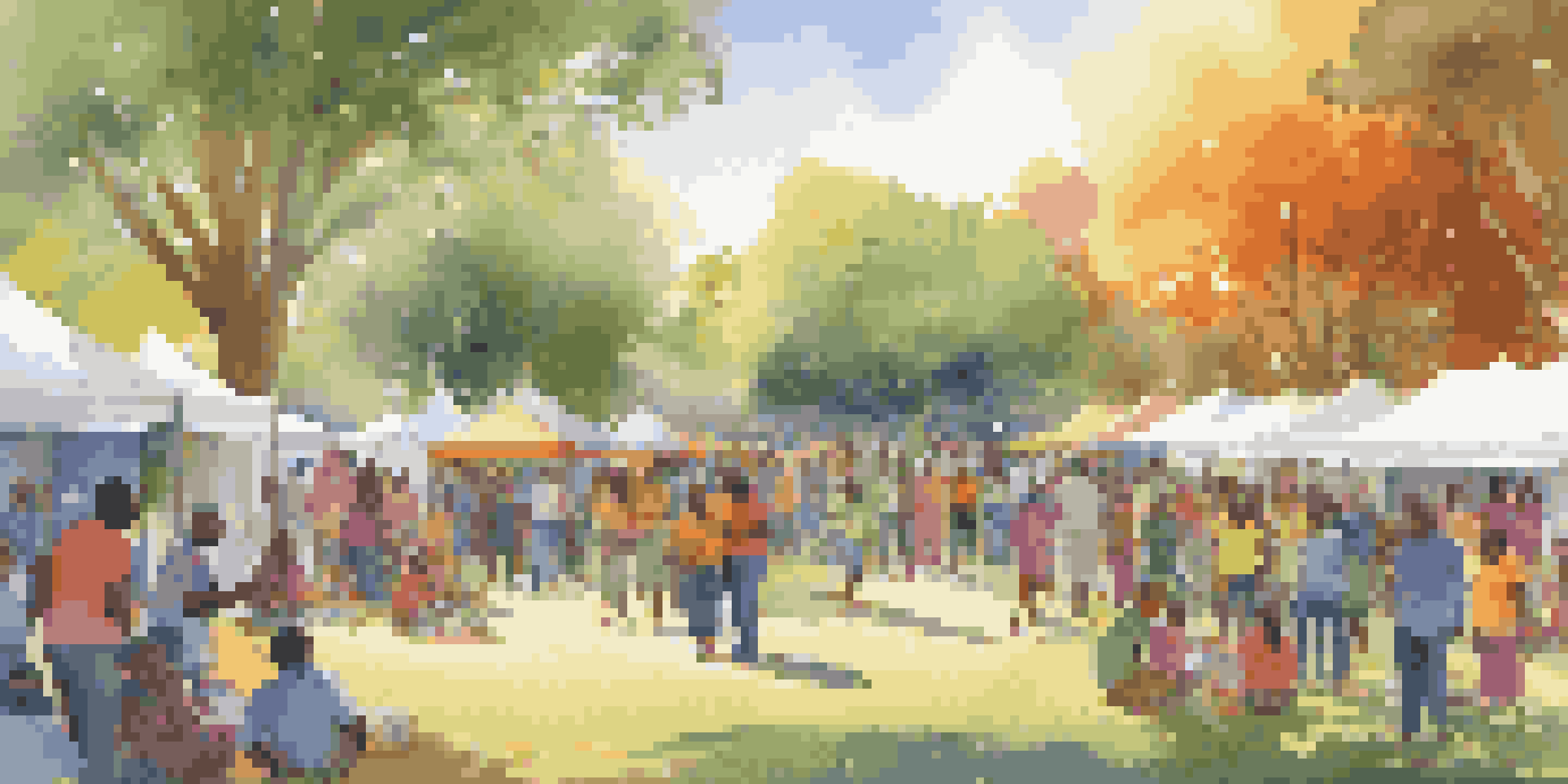 A community gathering in a park after a storm, with diverse people helping each other, colorful tents, and a rainbow in the background.