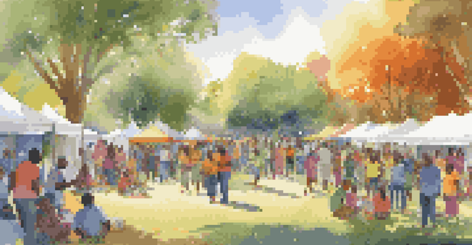 A community gathering in a park after a storm, with diverse people helping each other, colorful tents, and a rainbow in the background.