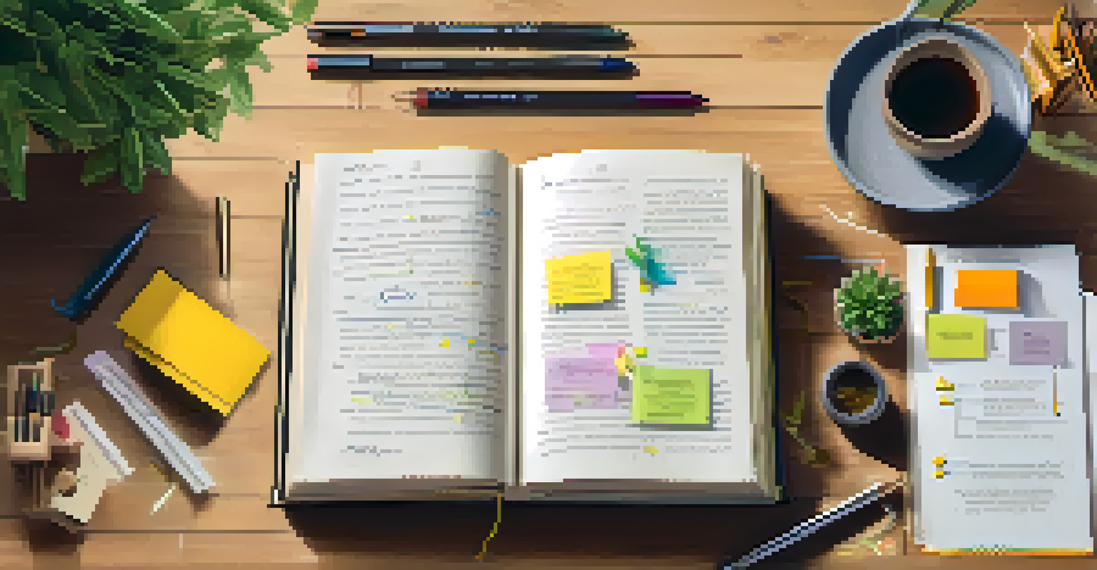A wooden desk with an open book filled with diagrams and highlighted text, surrounded by stationery and a green plant in the background.