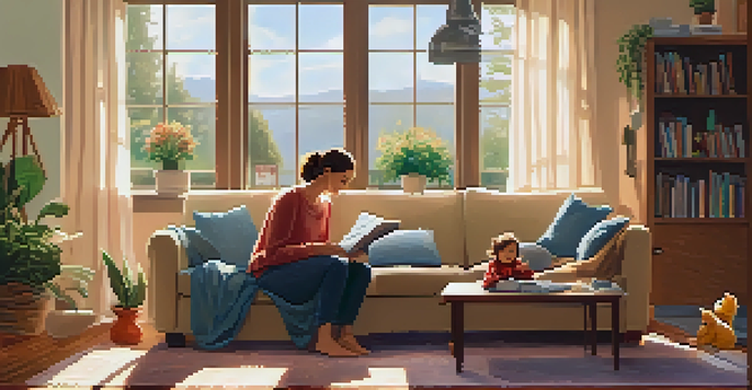 A parent reading a book to a child in a cozy living room with warm sunlight and family photos.