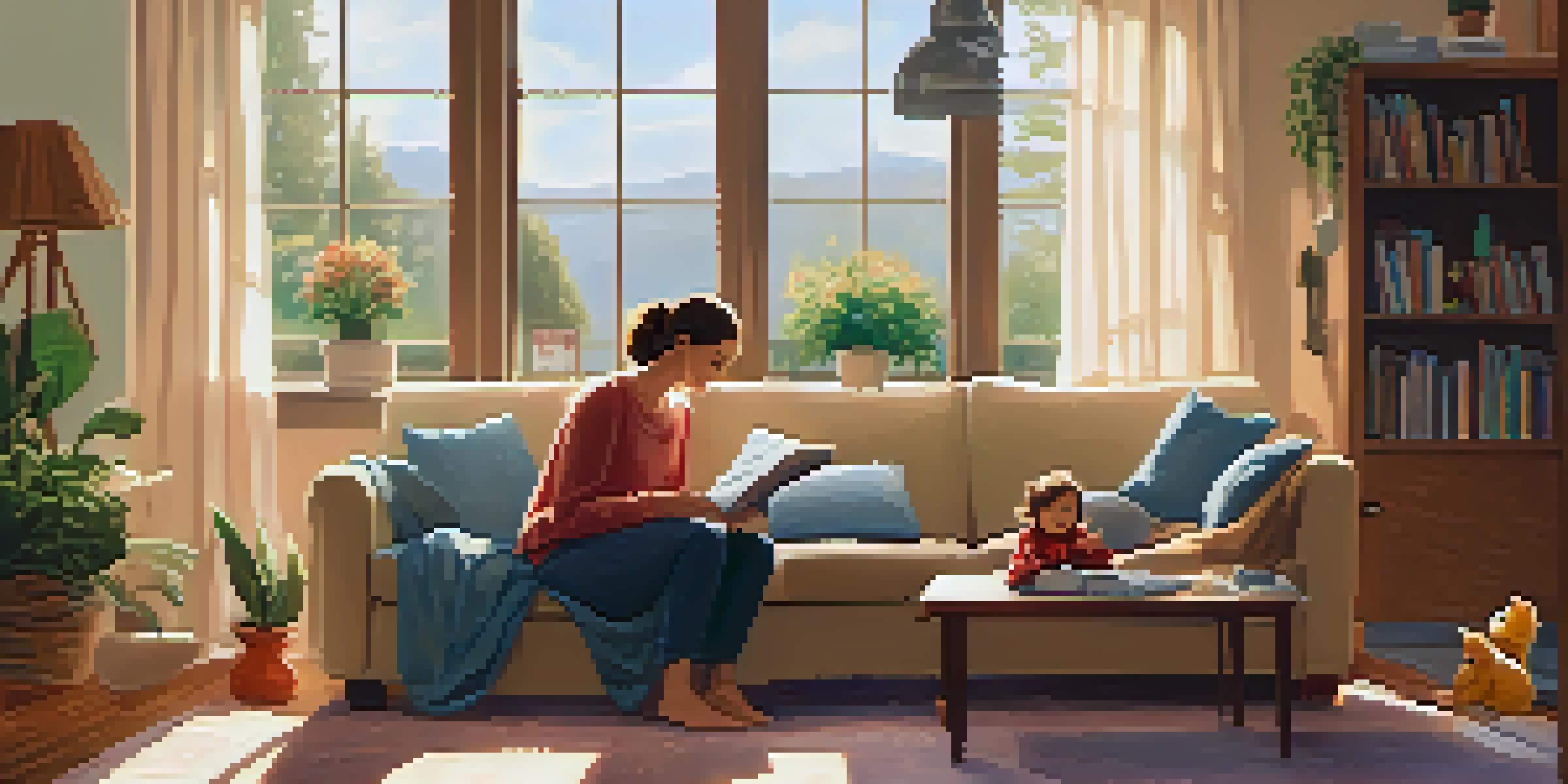 A parent reading a book to a child in a cozy living room with warm sunlight and family photos.