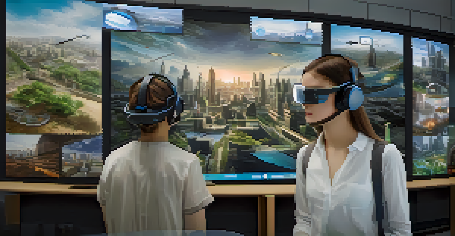 Students wearing VR headsets engaged in a virtual simulation, collaborating in a digital environment.
