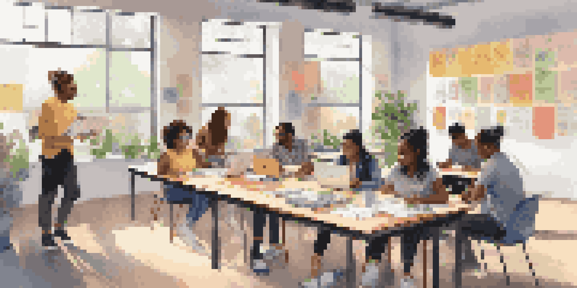 A diverse group of students participating in a peer feedback session in a bright classroom, surrounded by educational materials.