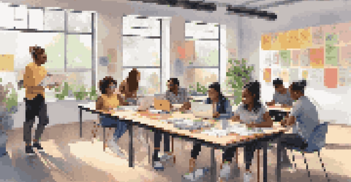 A diverse group of students participating in a peer feedback session in a bright classroom, surrounded by educational materials.