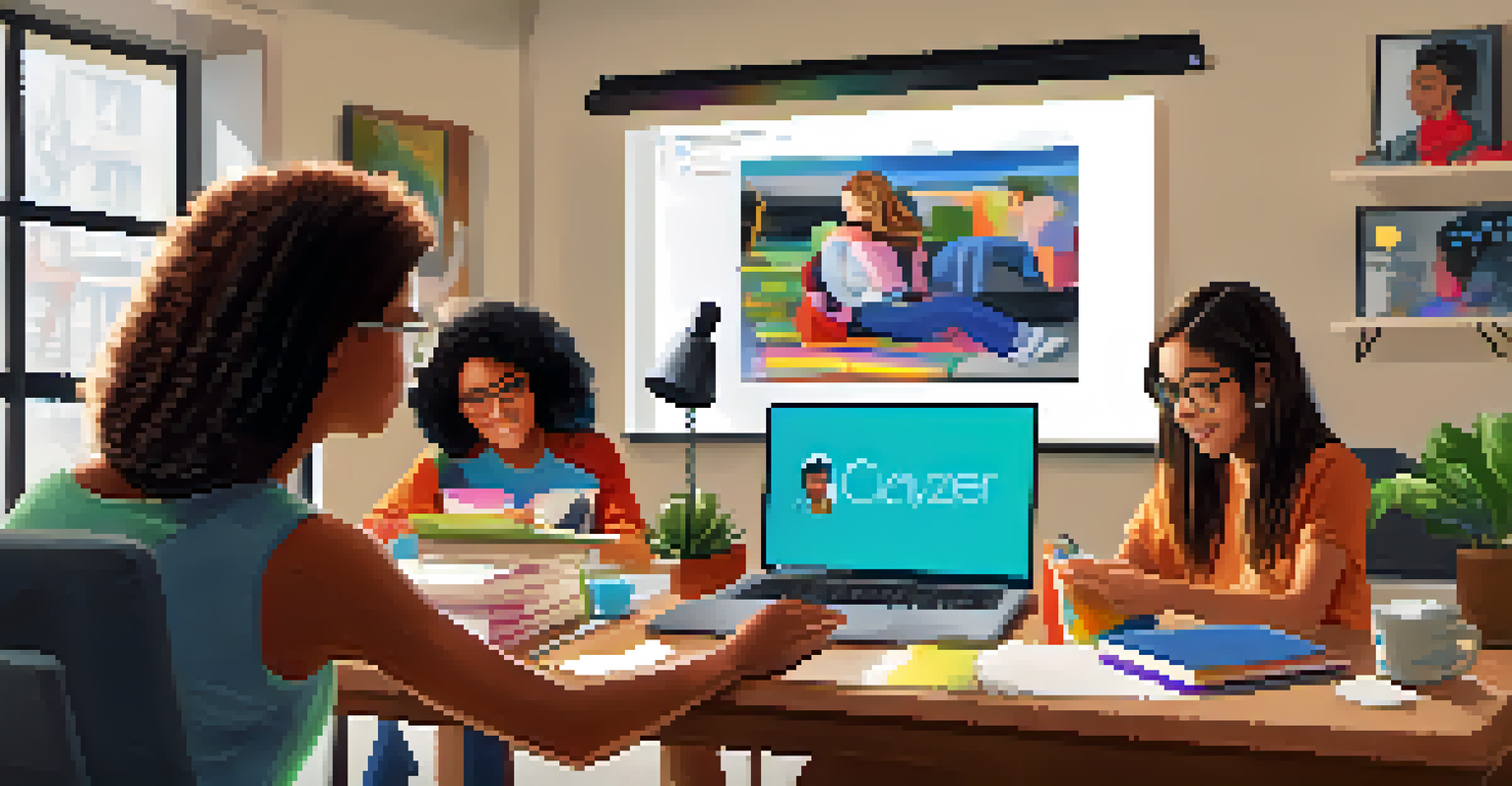 A student working on a group project using a laptop at home, collaborating with peers online, surrounded by books and creative decor.
