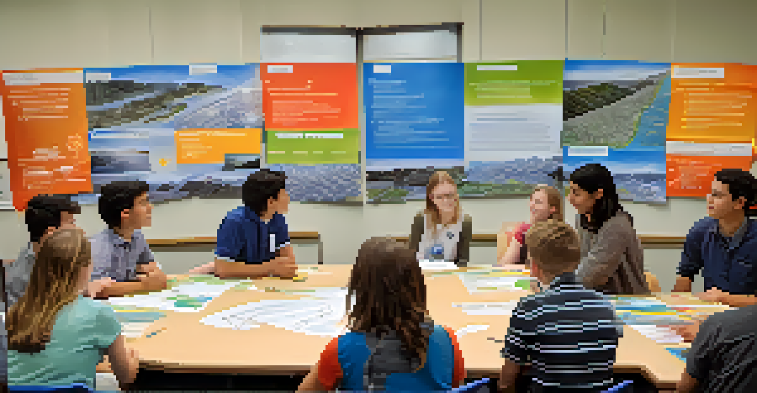 Students presenting an interdisciplinary project on renewable energy with colorful visual aids and an engaging atmosphere.