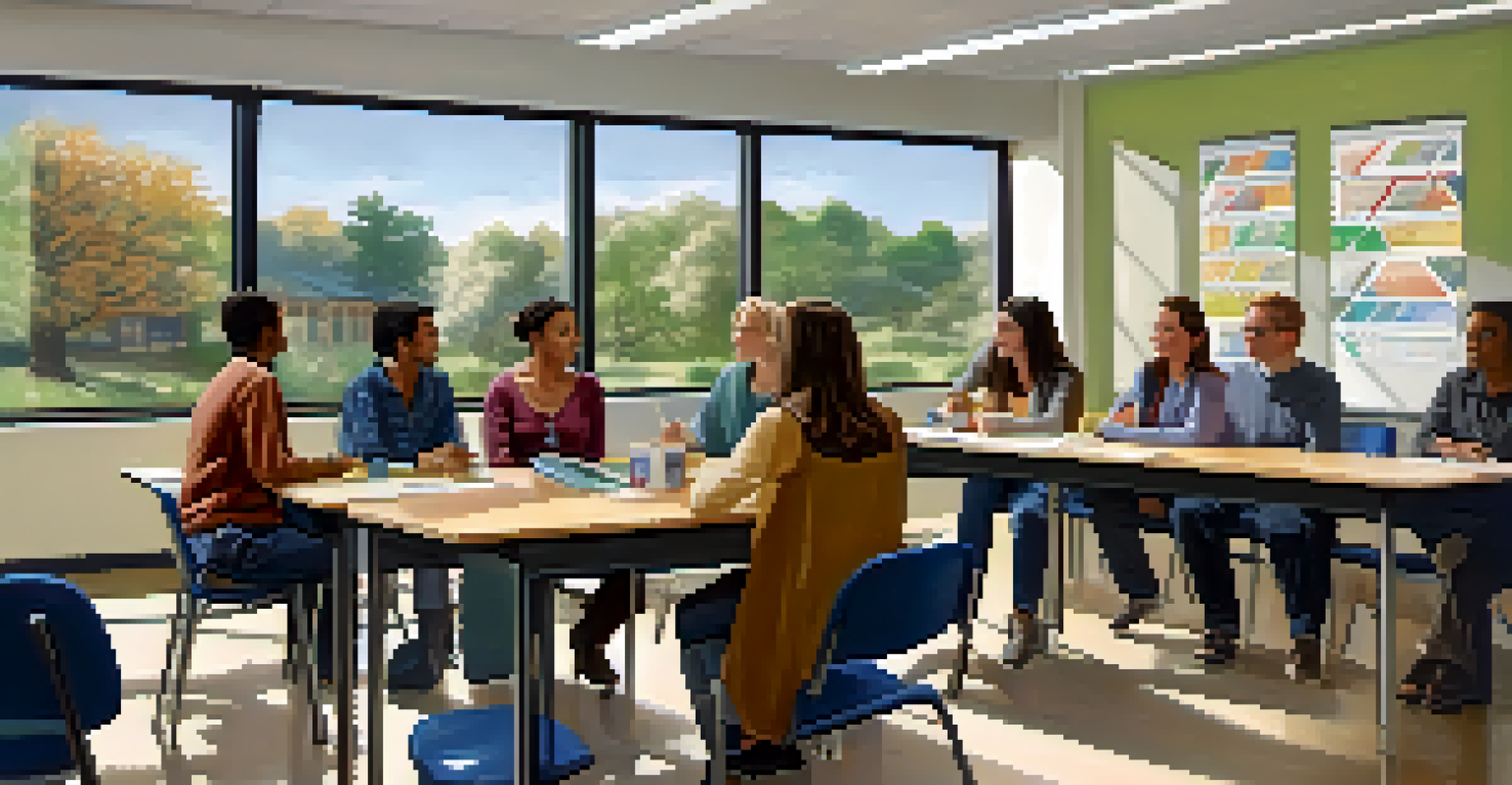 A community college classroom with adult students engaged in a discussion with their instructor.