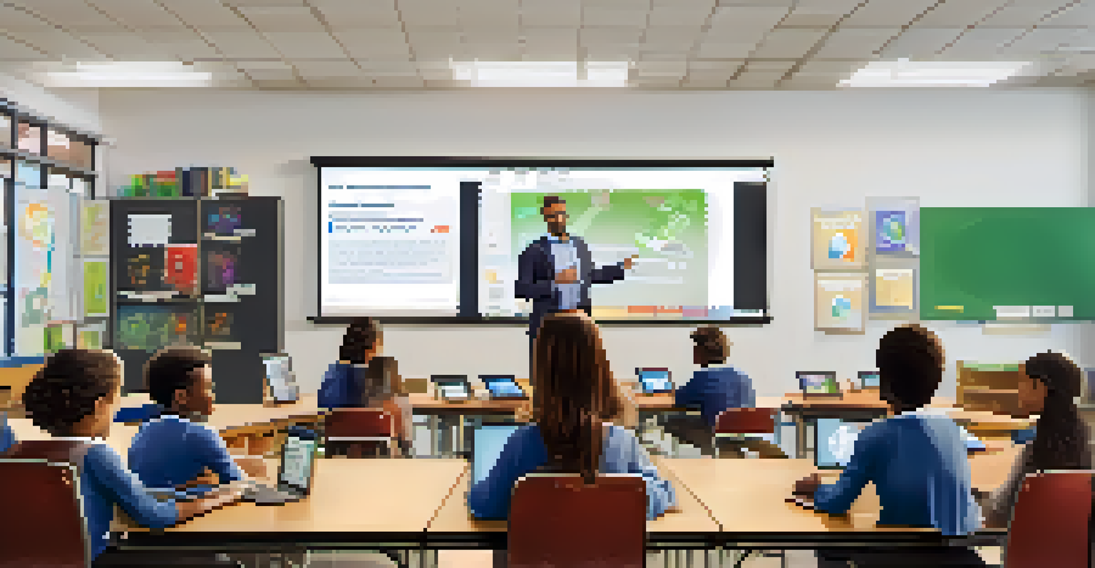 An educator facilitating a discussion among students around a table with digital assessment tools in a modern classroom.