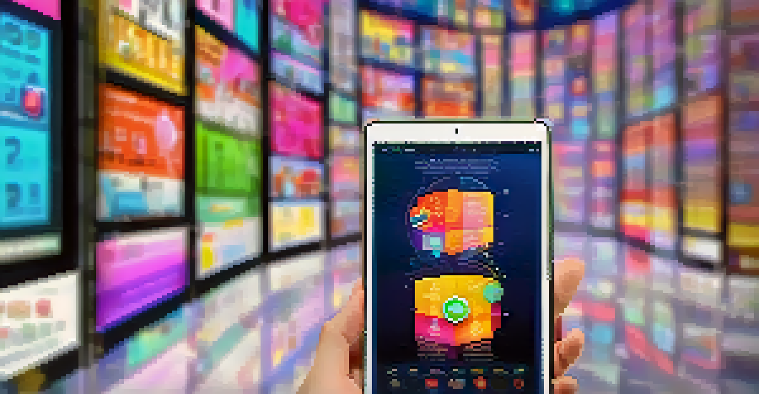 A close-up of a tablet displaying an AR app for emotional intelligence education, featuring various facial expressions and bright interactive graphics.