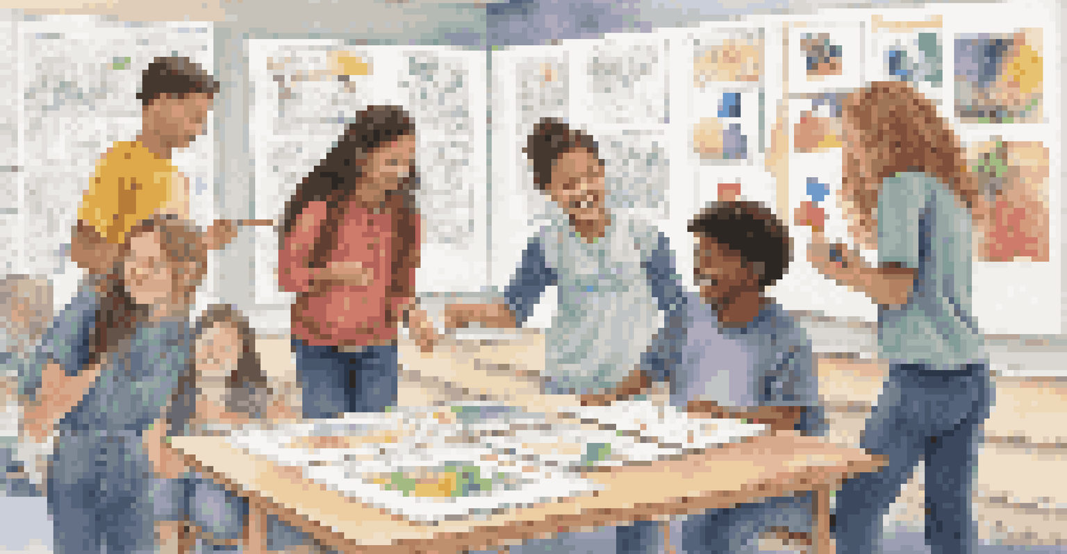 Students collaborating on a project, displaying creativity and teamwork with art supplies around them, and their artwork adorning the walls.