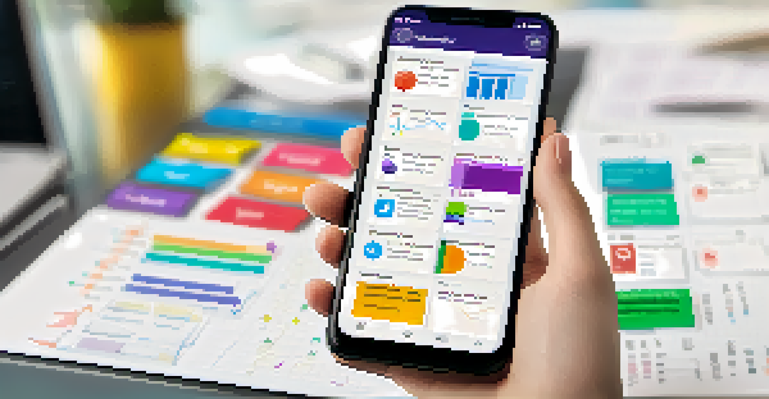 A close-up of a smartphone screen showing a project management app with graphs and task lists, with students working in the background.